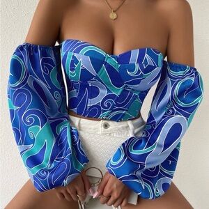 Blue Abstract Off-Shoulder Women's Top